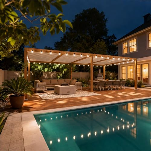 PURPLE LEAF Pergola Bioclimatica Effetto Legno Alluminio 3,5 x 8,5 m, Pergola con LED, Gazebo da Giardino Esterno Impermeabile con Lame Orientabili per Terrazza, Giardino e Carport