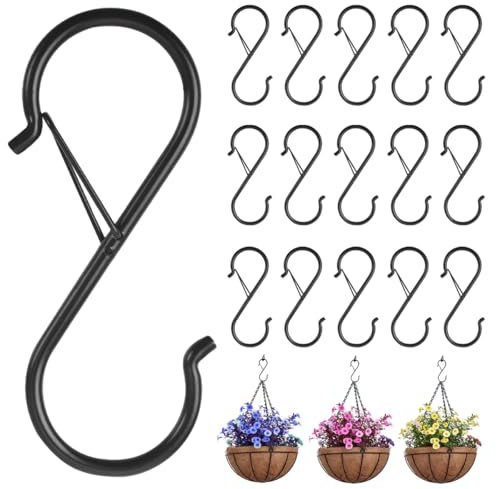 15 Pièces Crochet en S en Métal avec Boucle de Sécurité, Crochet en S pour Suspendre, Anti-Chute Mobile pour Barres Jusqu'à 1.2cm dee Diamètre Noir pour Cuisine, Salle de Bain Jardin Bureau