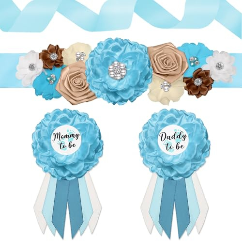 Baby Shower Sash Decorations, Mom to Be Sash Dad to Be Corsage Pin 3Pack Set, Teddy Bear Blue Flower Mommy to Be Belt for Maternity Dress