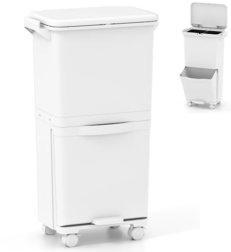 TANGZON Recycling Bins, 40L Trash Can Garbage Bin with 3 Compartments, Wheels, Classification Stickers & Handle, Vertical Waste Separation System for Kitchen Home (42x28x74cm, with 2 Removable Bins)