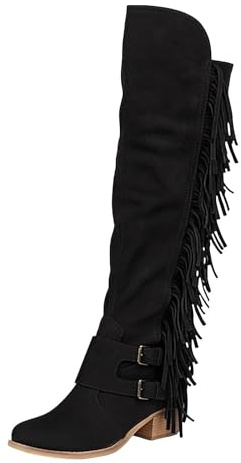 Women's Fringe Cowboy Thigh High Boots Tassel Western Cowgirl Casual Comfortable Women's Knee-high Boots with Side Zipper 2025 Winter Pointed Toe Solid Color Buckle Strap Chunky Low Heel Boots