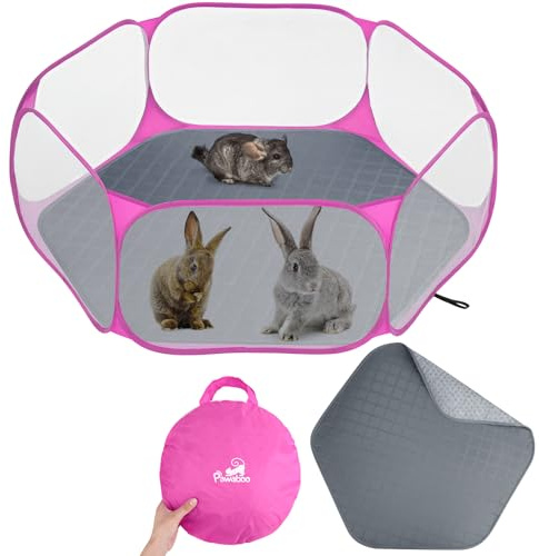 Pawaboo Parc pour Petits Animaux avec Coussin, Cage pour Petits Animaux Imperméable avec Coussin Réutilisable, Clôture De Cour Extérieure Portable pour Poussin/Chiot/Cochon d'Inde/Lapin, Rose+Gris