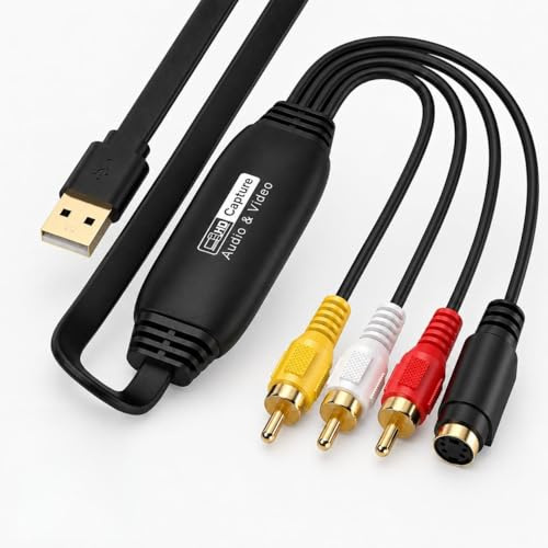 GERUI Grabador de vídeo USB 2.0 con adaptador USB-C OTG, tarjeta AV RCA S-Video Capture para videocámara VHS DVD VCR digitalización, NTSC/PAL grabación de vídeo para Windows OBS