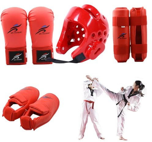 Lawnrden Sparring Gear, Karate Sparring Gear skyddande polyester Taekwondo inkluderar 1 st hjälm, 1 par handskar och 1 par benskydd, även för cykling, kampsport och mer, röd
