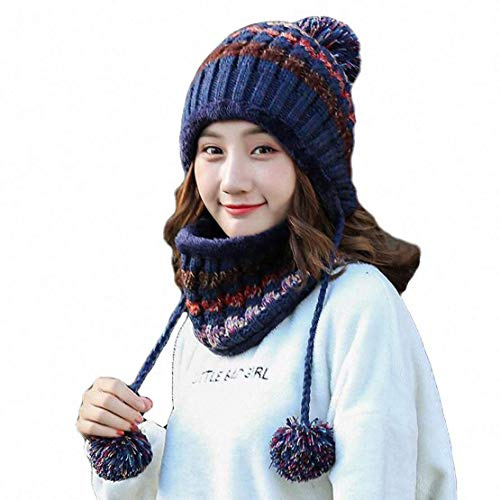Aisaving Women Knitted Hat Scarf Set Winter Warm Thicken Crochet Bobble Pom Pom Beanie Hat Cap Outdoor Ski Snowboard Cycle Bobble Hemming Hats with Fleece Lining(Navy Blue)