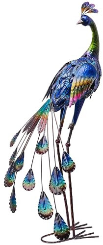 TERESA'S COLLECTIONS Gartendeko für draußen, 89cm große Gartenstatue, Pfau, aus Metall, Skulpturen, stehend, für drinnen und draußen, für Dekoration von Rasen, Terrasse,Geschenke für Frauen(L)