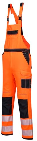 Portwest PW344 Mens Hi Vis Bib and Brace Work Overalls Durable Texpel Stain Resistant Water Resistant Polycotton Dungarees Triple Stitch Multi Pockets Certified Workwear, Orange/Black, Medium
