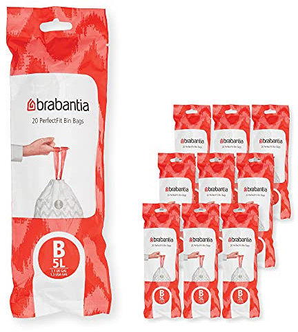 Brabantia 100314 PerfectFit Bin Liners Multipack (Size B/5 Litre) Thick Plastic Trash Bags with Tie Tape Drawstring Handles (200 Bags), White