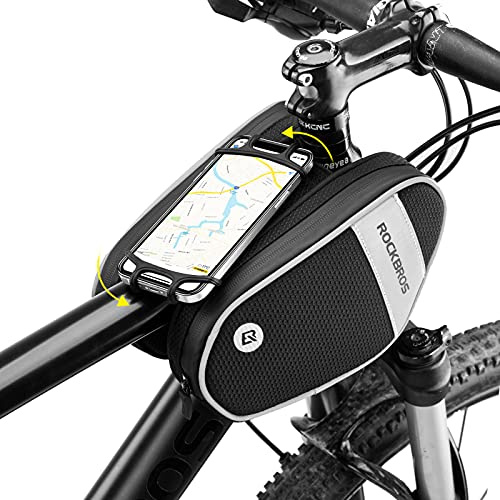 ROCKBROS Borsa Bici da Telaio Impermeabile, Borsa con Porta Cellulare Rotazione a 360° per MTB Bicicletta, Touch Screen 6,5 per iPhone Samsung, 2 Tasche Laterali, Grande Capacità 1,5L, Accessori Bici