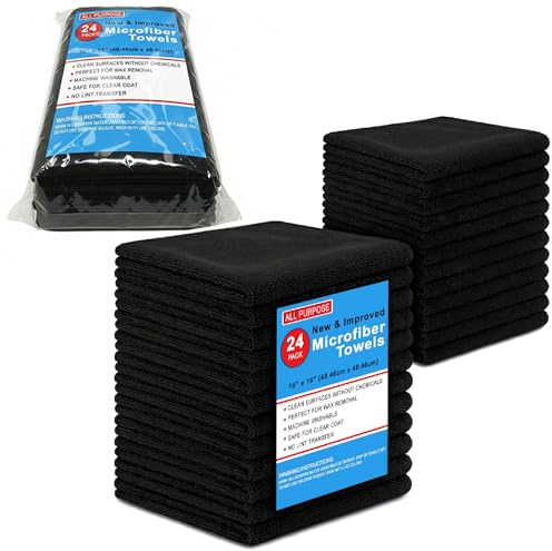 Blue Horizon Toallas de limpieza de microfibra, paquete de 24, paños de felpa ultrasuaves, paños de limpieza de microfibra multiusos de alta calidad (16 x 16 pulgadas, negro)
