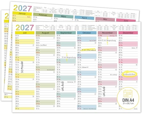 TOBJA Calendrier mural 2024 DIN A4 coloré - Calendrier 2024 avec vacances et jours fériés | Calendrier annuel, calendrier mural 2024 DIN A4 comme planificateur annuel (allemand)