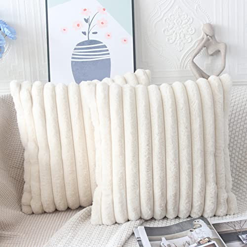 NIULAA Beige Kissenbezug 40x40 2er Set Flauschig Plüsch Deko Kissenbezüge Weich Gestreift Pelz Kissenhülle Dekokissen Sofakissenbezug Luxus Sofakissen Zierkissenbezüge Wohnzimmer Sofa
