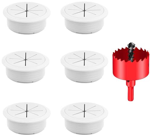 DuDuZui 6 pièces Passe-Câble Bureau, 80mm Passe-câble de Bureau Passe-câble de Bureau, Solution Idéale pour Le Bureau et la Maison Câble de Table, avec Scie Cloche (80mm, Blanc)