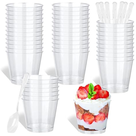 URHELP Pack of 50 Dessert Cups with 50 Spoons, 200 ml Clear Dessert Bowls, Reusable Dessert Cups, Round Cups for Home Desserts Pudding Mousse ice Cream Party
