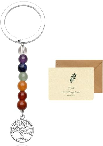SwirlColor llaveros originales, 7 Chakra tratamiento del llavero árbol de la vida de cristal joya natural llavero mujer regalo de cristal hombre, con tarjeta de bendición