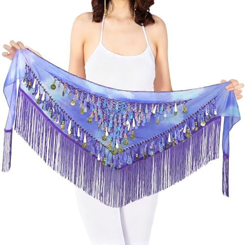 Baisdan Belly Dance Hip Scarf Triangle Sequins Coins Wrap Skirt Chiffon Tassel Skirt for Festival Rave Dance Costume (Purple)