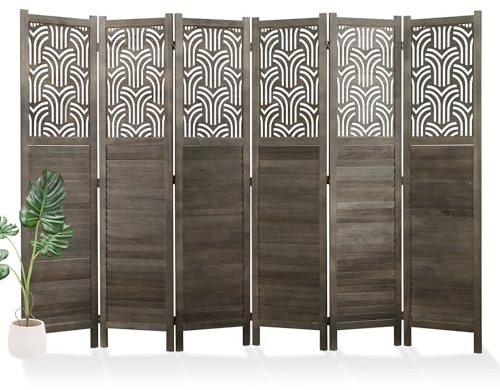 Svimi Folding Room Divider, 66.9 Inch 6 Panels Wood Carved Privacy Screens, Free Assembled Freestanding Portable Separation Wall for Home Office Restaurant Bedroom (Gray)