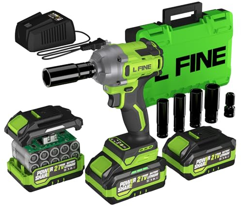 L FINE Cordless Impact Wrench 1/2 inch, 600N.m (405Ft-lbs) Power Impact Drill Kit Tools, 3200RPM High Torque Brushless Motor Impact Driver, 2 x 4.0Ah Battery, 5 Sockets, Charger, Electric Impact Gun