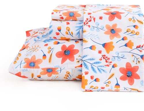 JSD Blue Watercolor Floral Sheet Set Full Size, 4 Piece Printed Microfiber Bed Sheets Deep Pocket