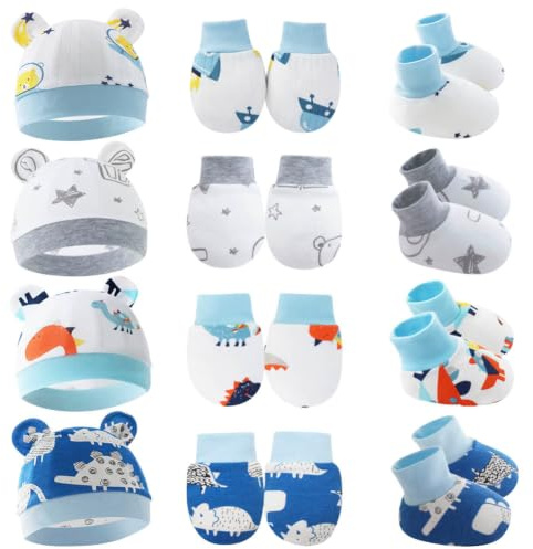 4-pack preemie hattar vantar och strumpor set mjuk bomull varm björn öra preemie mössa, nyfödd sjukhushatt för baby pojkar flickor