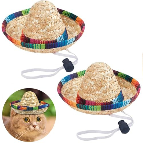 Kalsey Lot de 2 chapeaux de paille pour animaux de compagnie, chapeau de paille mexicain pour chats et chiens, mini sombrero pour fêtes et séances photo, multicolore, petit/moyen, été, tricotés à la