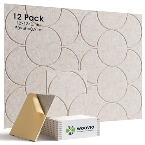 Woovio Sound Proofing Panels, 12 Pack Acoustic Wall Panels, High Density Self-Adhesive Sound Dampening Panels for Recoding Studio Gaming Room, Home Offices 30x30x0.9cm Beige