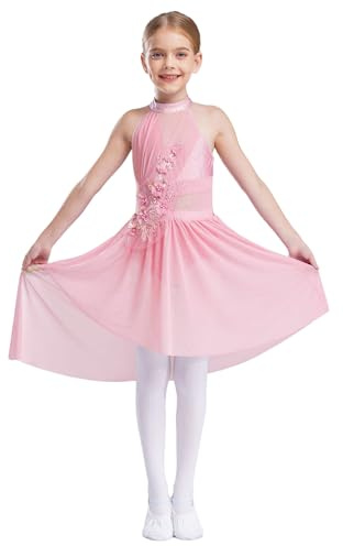 Hansber Robe De Ballet pour Enfants Fille Danse Lyrique sans Manches Body De Danse Brodé Fleurs Maillot avec Jupe en Chiffon Asymétrique Costume pour Spectacle Rose 13-14 Ans