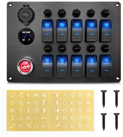 Geloo 10 Gang Pannello Interruttori Impermeabile IP65 Pannello Interruttori a Levetta 12 V/ 24 V con Interruttore di Potenza a LED e Pulsante Clacson per Auto, Barche, Camper, Camion