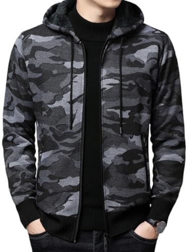 Shuanghao Homme à Capuche Hoodie-Cardigan Pull-Tricoté Veste en Maille Chandail-Sweater - Polaires Doublé Chaud Décontractée Casual Blouson Gilet Cardigan Automne Hiver Homme Gris Camouflage XL