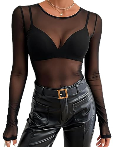 Hauts Transparents Femmes T-Shirt, Haut en Voile Transparente, Elastique Chemise Noir Manches Longues Top en Maille Sexy Blouse Sheer Mesh Clubwear Tops en Filet à Mailles pour Soirée Club