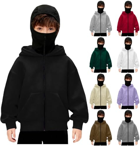 Veste Cagoule Enfant Garçons Filles Pull Cagoule avec Masque Balaclava Zip Hoodie Sweat à Capuche Anti-Vent Décontracté Blouson Automne et Hiver Chaud pour Sports de Plein Air Vélo Manteau