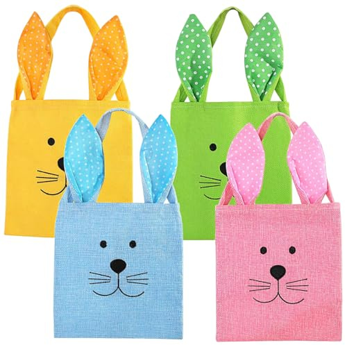 Reccisokz 4 cestini pasquali con orecchie, borse coniglietto pasquale, borse pasquali per bambini,caccia alle uova di Pasqua, regali pasquali