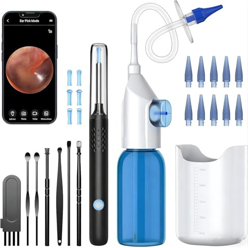 Ear Wax Removal Tool with Ear Camera, Ear Irrigation Flushing System for Adults & Kids, Ear Cleaner Ear Wax Remover with Ear Basin,9+1 Ear Tips, Syringe, 7 Ear Pickers Kit
