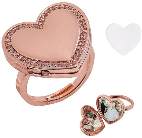 CONCHLERY Bague médaillon réglable en forme de cœur avec photo gravée à l'intérieur pour femme pour un anniversaire, un anniversaire de mariage ou la Saint-Valentin, Laiton