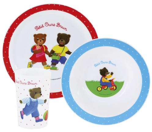 FUN HOUSE 005444 Petit Ours Brun Ensemble Repas Contenant 1 Assiette, 1 Bol et 1 Verre pour Enfant Polypropylène Blanc 26.5x8.5x24.5 cm