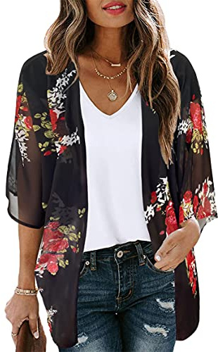 Women's Floral Kimono Cardigan Print Short Sleeve Shawl Chiffon Casual Summer Blouse Tops(Black M)