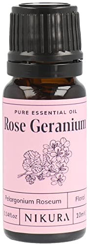 Nikura Rose Geranium Essential Oil - 10ml | Rose Geranium Oil for Sleep, Aromatherapy, Diffusers for Home, Candle-Making, Bath, Anxiety, Massage, Skin | 100% Pure Natural Oils | Vegan & UK Made