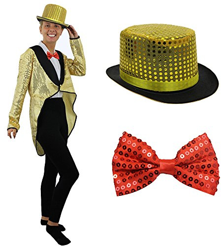 GOLD SEQUIN TAILCOAT + RED BOWTIE + GOLD TOP HAT - PERFECT FOR STAGE SHOW FILM TV HALLOWEEN COSTUME FANCY DRESS - SMALL