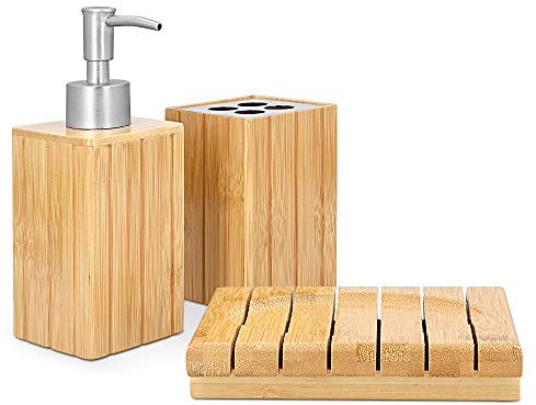 Navaris Badezimmer Set Bambus 3-teilig - dekoratives Badzubehör mit Zahnputzbecher, Seifenspender und Seifenschale - Bad Accessoires aus Bambus