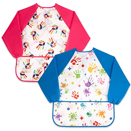 fanksoow 2Pcs Kids Aprons for Painting Toddlers Artist Waterproof Smocks with 3 Pockets,Age 2-7 Years