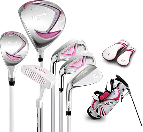 PGM Junior Golf Club, NSR Golf Clubs Complete Set Left Handed for Children Kids 3-5, 6 Pieces Youth Golf Clubs with Stand Bag and 2 Headcovers for Boys & Girls Pink