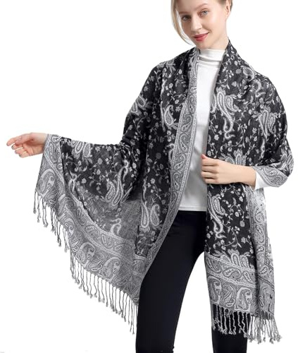 Ciormis Black and White Paisley Scarf，Fringe Pashmina and Wraps for Ladies Evening Dresses（Style 1-Black & White）