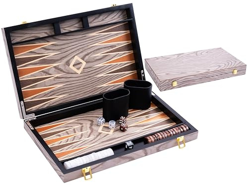 Engelhart – 250542 – Backgammon Deluxe 15 – Elegant Spel med Lackad Ebenholtsfanér – Grå