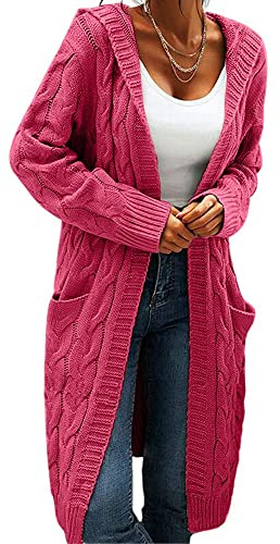 GeGekoko Cárdigan de Punto para Mujer con Capucha, Manga Larga, cárdigan de Punto Grueso, cárdigan de Punto Abierto con Bolsillos, Rosa y Rojo, XL