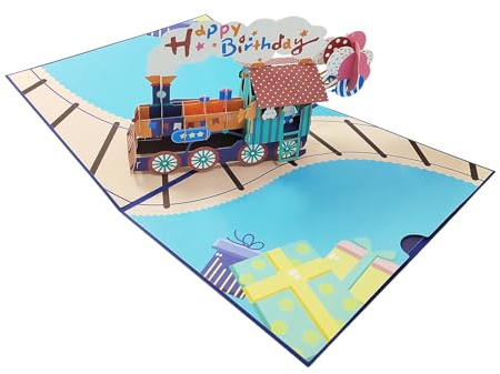 Carte de vœux pop-up 3D pour enfants/filles, cadeau d'anniversaire, train ballons, carte de vœux