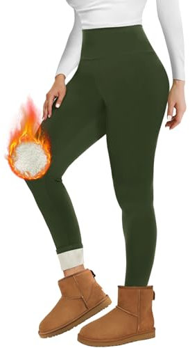 Missluck Thermo Leggings Damen Gefüttert Thermoleggings Verdickte Plüsch Thermohose Fleece Leggins Warme im Winter,Armee grün,S
