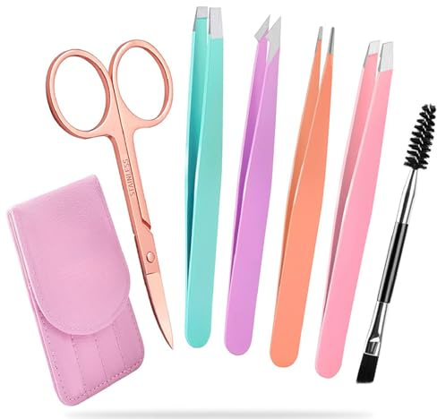 Jidyllic Tweezer Set 6 Pcs for Facial Hair Women, Eyebrow Tweezers, Professional, Stainless Steel, Pink