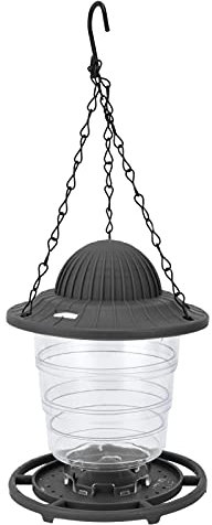 Mangiatoia per uccelli a forma di padiglione trasparente da appendere con ampia apertura coperchio mobile (grigio)