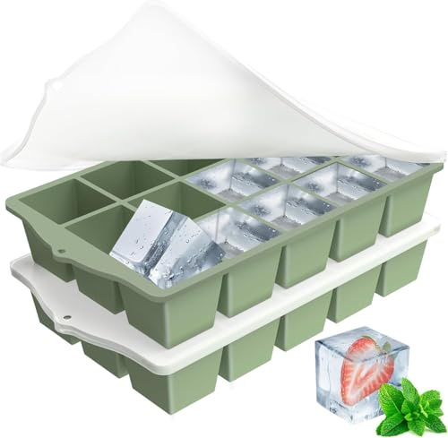 FANYITY Silicone Ice Cube Tray with Lid, Green, Pack of 2 Ice Cube Moulds, Silicone Mould, BPA-Free, Stackable Ice Cube Tray, Ice Cube Trays for Baby Porridge, Cocktail, Whiskey, Coffee