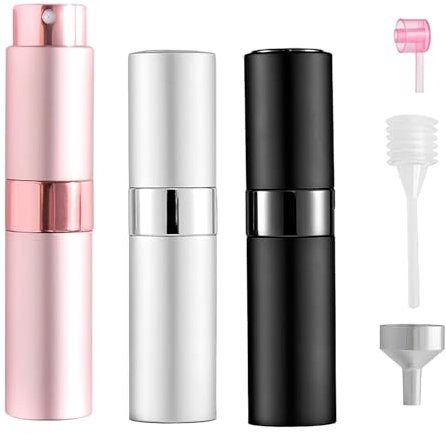 Vaporisateur Parfum Rechargeable 8 ml & 3 Flacons Voyage Vides Spray Parfum Voyage Unisexe Portable (Noir/Argent/Or Rose) Flacon Parf um de Vo yage avec Vaporisateur Vide, Spray de voyage unisexe
